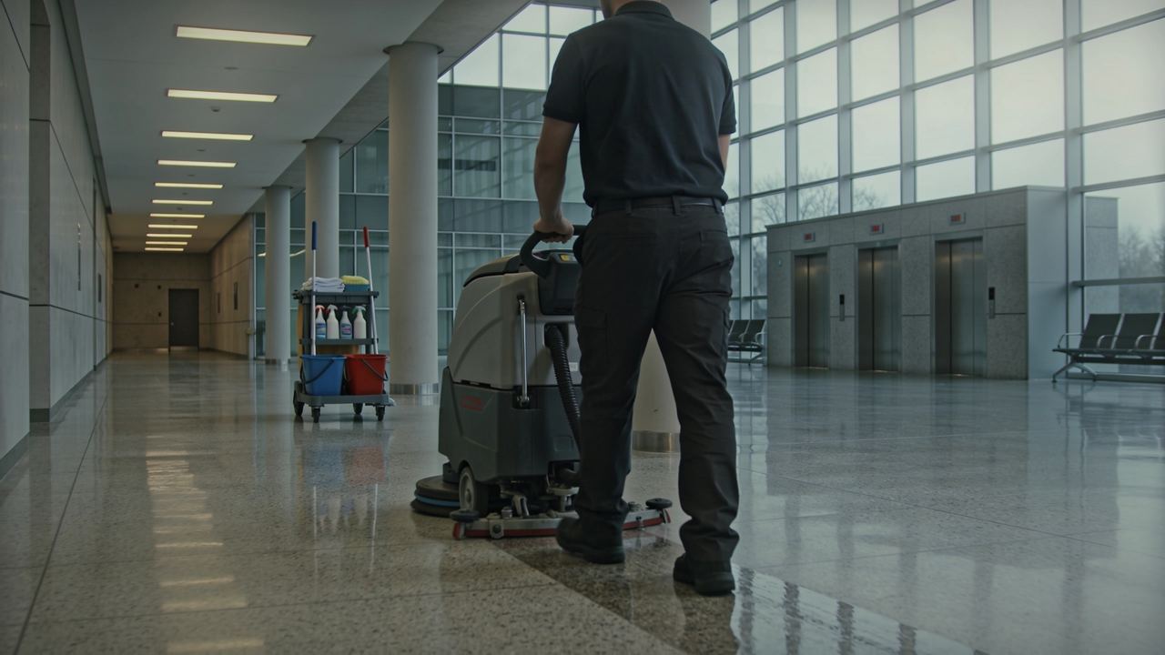 Un employé de nettoyage conduit une machine à laver les sols dans le hall d'un immeuble.