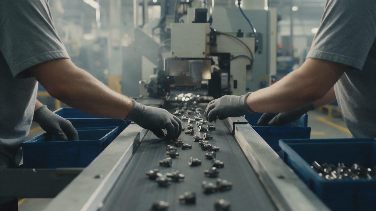 Mains gantées de deux travailleurs qui retirent des pièces de métal d'un tapis roulant, à la sortie d'une machine.