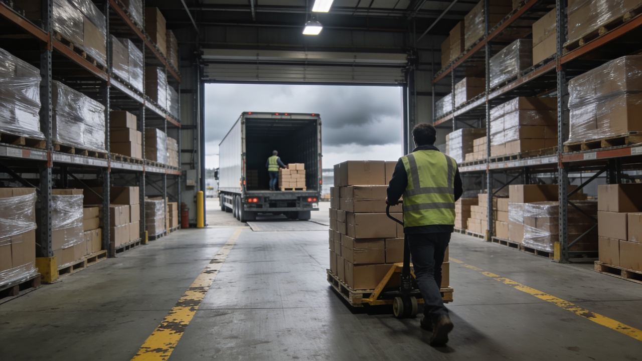 Un travailleur en gilet de sécurité pousse un chariot chargé de boîtes vers un camion.